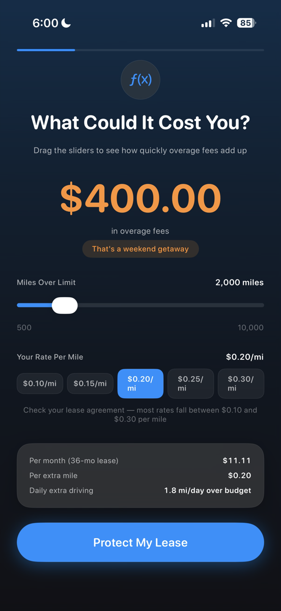 MileGuard overage cost calculator showing $400 in potential fees